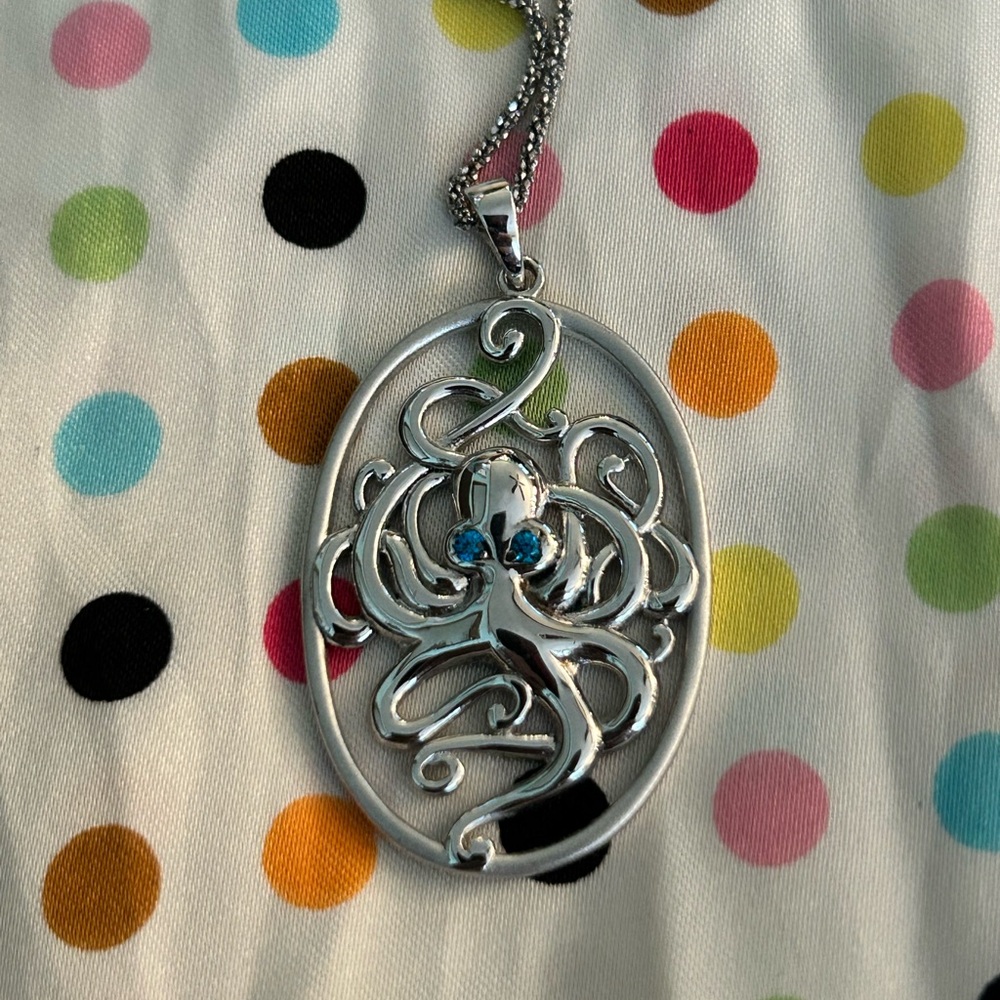 Silver and Blue Octopus Pendant Necklace - Picture 3 of 9